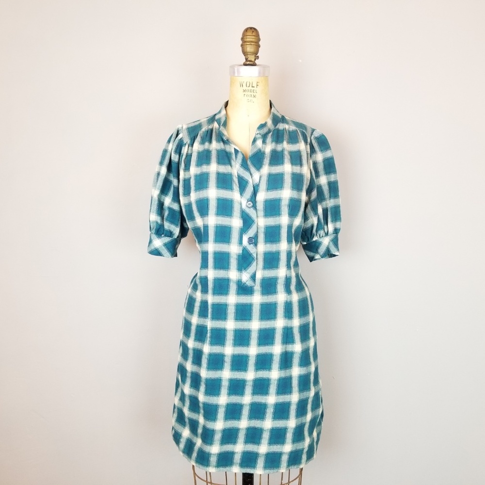 Green Plaid Dress with Puff Sleeves by Rhapsody